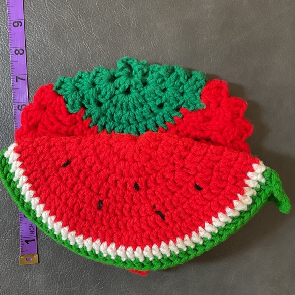 Hand knit watermelon & strawberry pot holders hot pads set - Picture 7 of 7